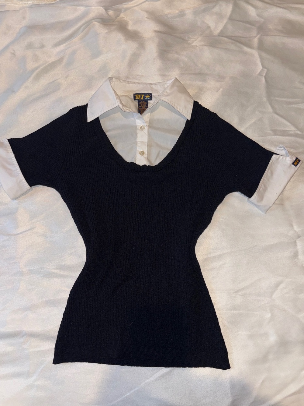 DEX Y2K Black & White Faux Layered Collared Knit Top | Small